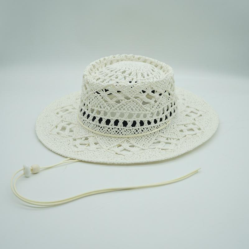 Japan Japanese French Retro Hollow Flower White Flat Top Top Hat Women'S Summer Sunshade Vacation Beach Straw Hat Outing