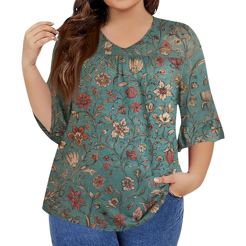 Women's Fashion Casual Retro Printed V-Neck Seven-Point Sleeve Ruffle Sleeve T-Shirt Tops Plus Size Women's