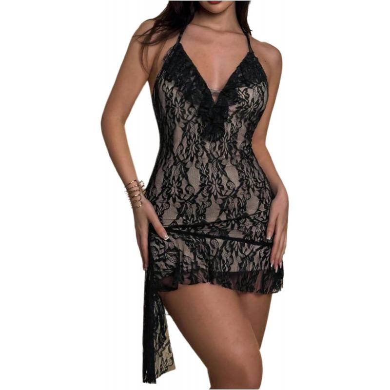 Sweet wind 2026 summer new sexy high-end floral lace halter neck dress XS чёрный