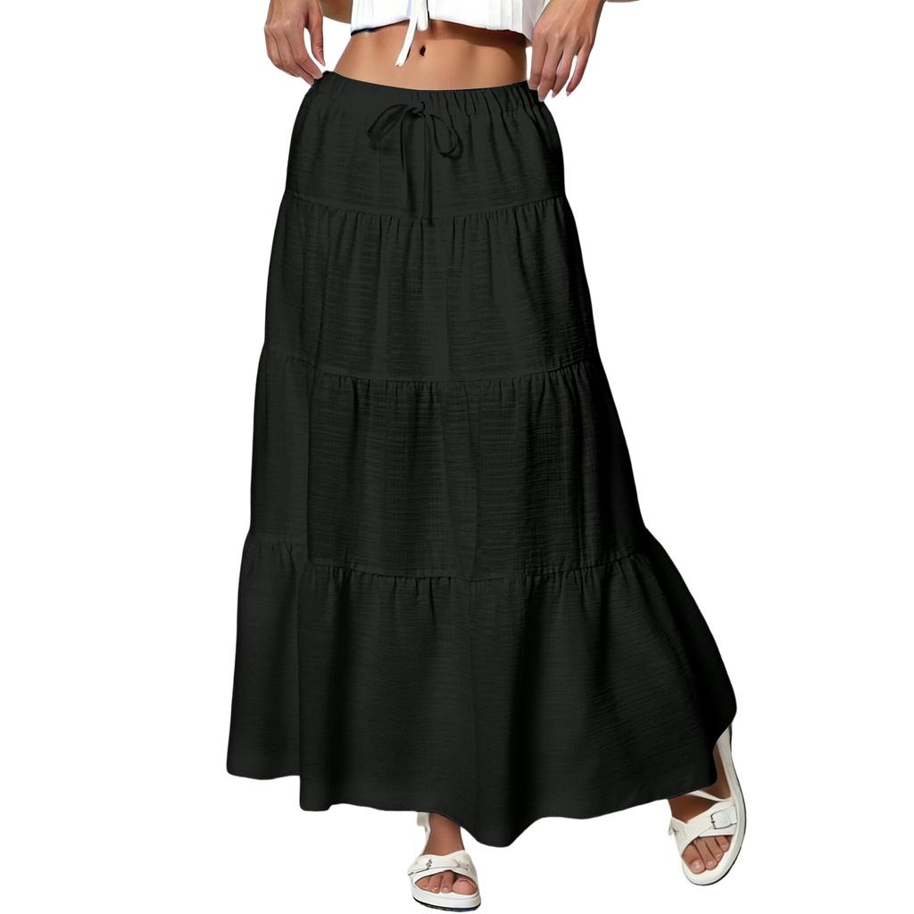 Dámská volánová jarní ležérní dlouhá sukně v jednobarevné barvě, retro skládaná sukně