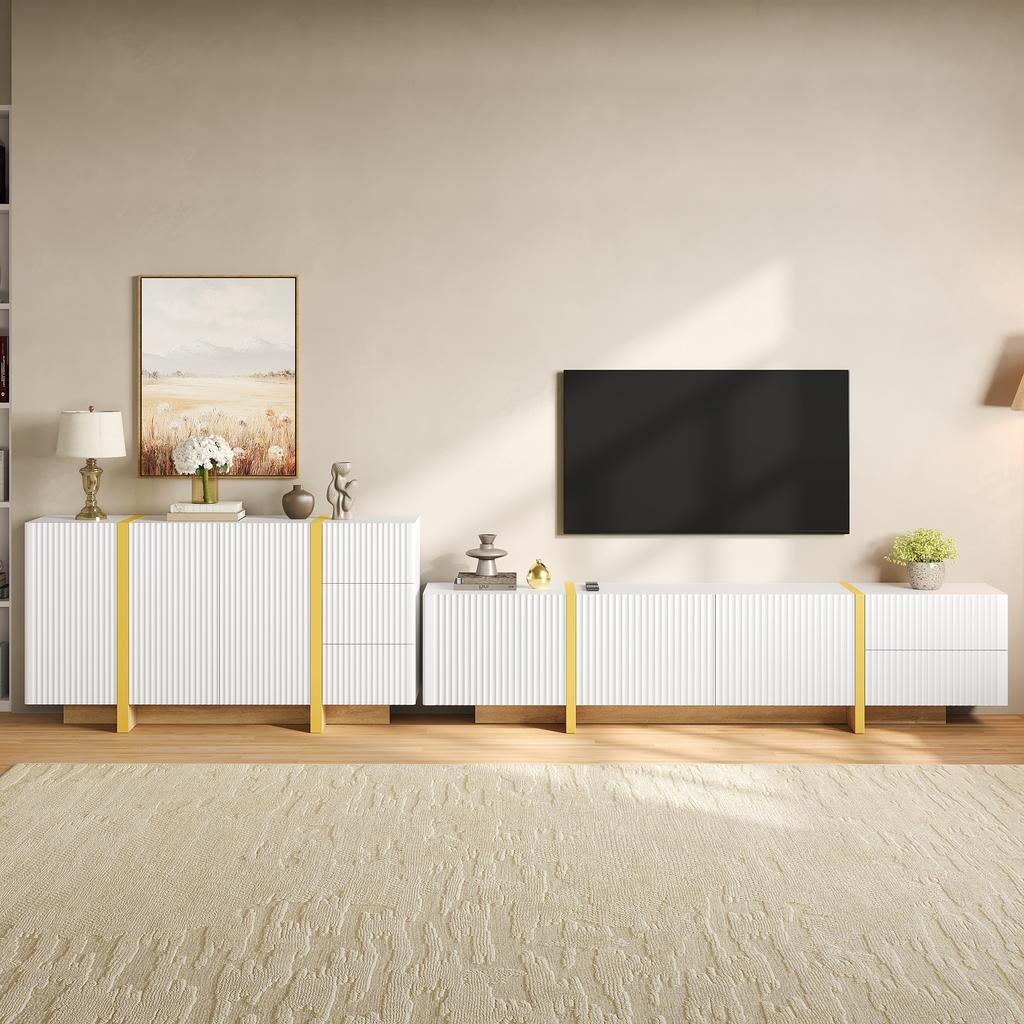TV Lowboard Sideboard Set Living Room Furniture Grooved Front Storage Cabinet Media Console Cabinet Combination Made of PB and MDF