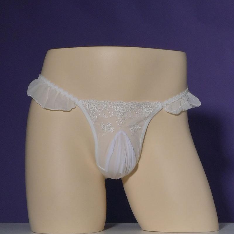 Lace Embroidery Men'S Bugle Pouch Silk Slip Bullet Separation Lingerie Low Waist Japanese G-String T-Back Thong Sissy Nightwear