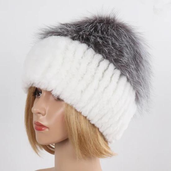 Hot Sale Women Winter Real Rex Rabbit Fur Hat Scarf Sets Natural Warm Genuine Silver Fox Fur Rex Rabbit Fur Cap Scarves 2 Pieces
