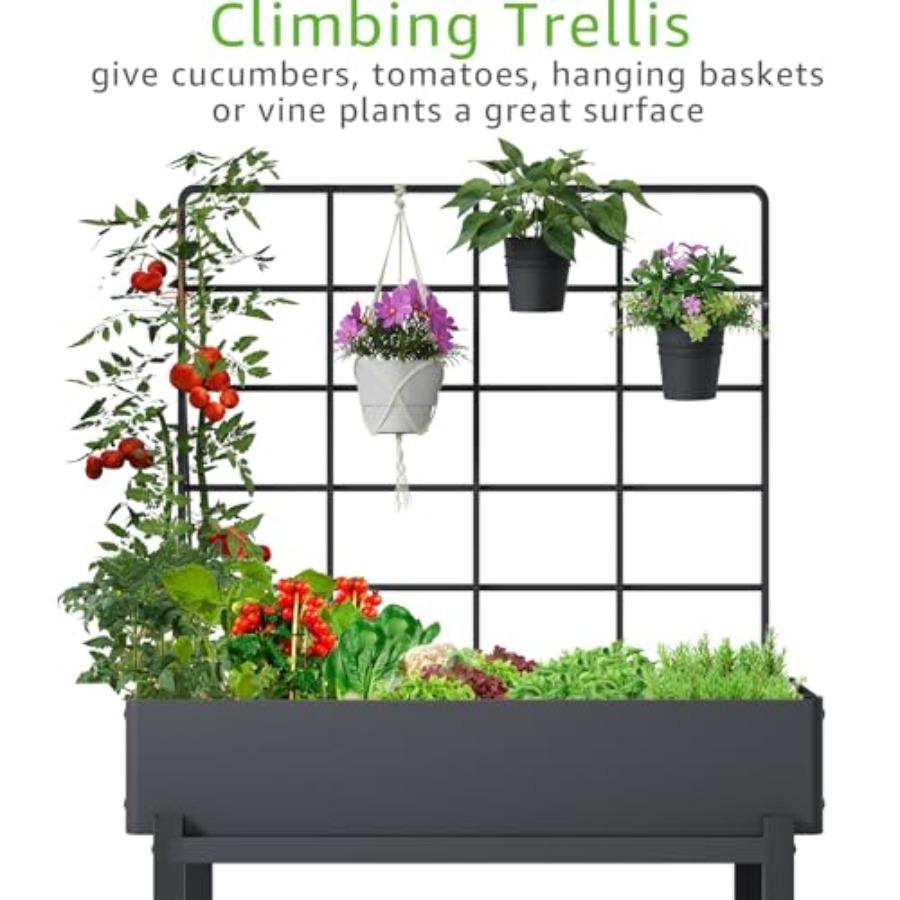 Metal Raised Garden Bed with Trellis 2-Tier Storage Shelf Elevated Planter Box with Legs - Includes 3 Flower Pots Outdoor Verti