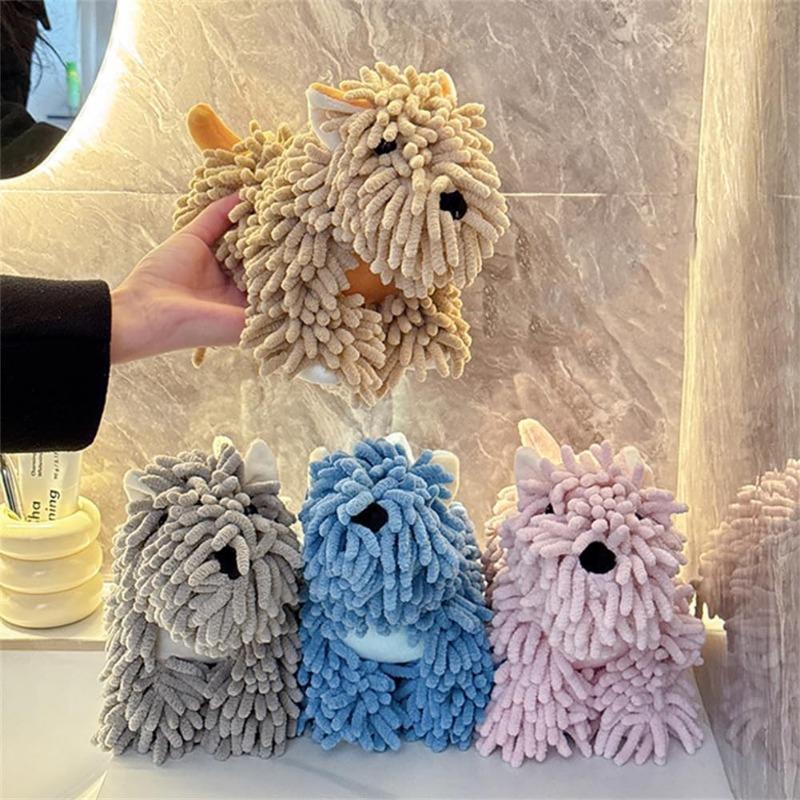 Cute Cartoon Dog Plush Pom Pom Chenille Hand Towel, Super Absorbent Hanging Towel for Kids, Soft Bathroom Drying Sponge