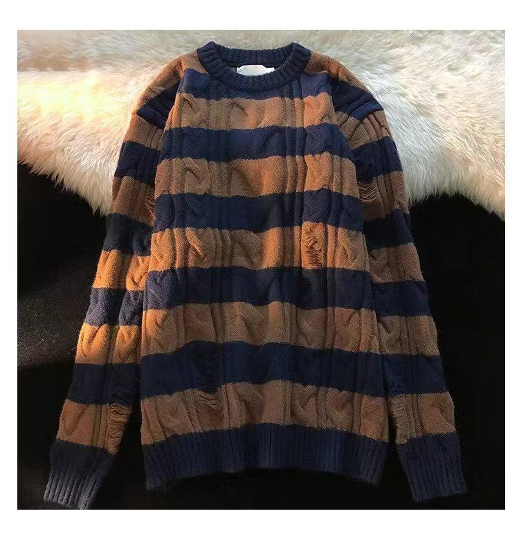 Retro Pruhovaný Unisex Svetr pro Muže a Ženy - Trendy Podzimní/Zimní Volný Pletený Design.