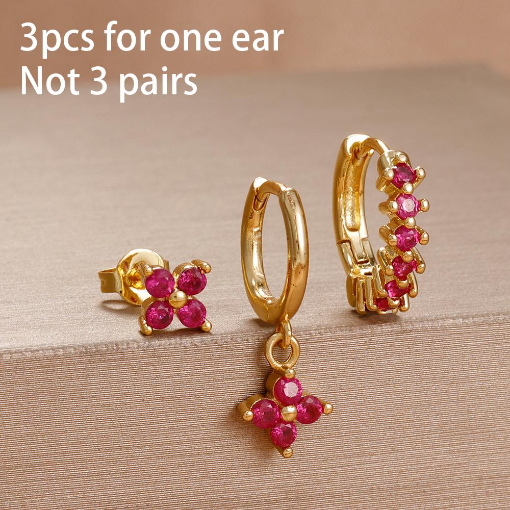 3PCS Rose Red Cubic Zircon Stainless Steel Hoop Earrings Set 18K Gold Plated Huggie Pendant Piercing Earring Women's Jewelry