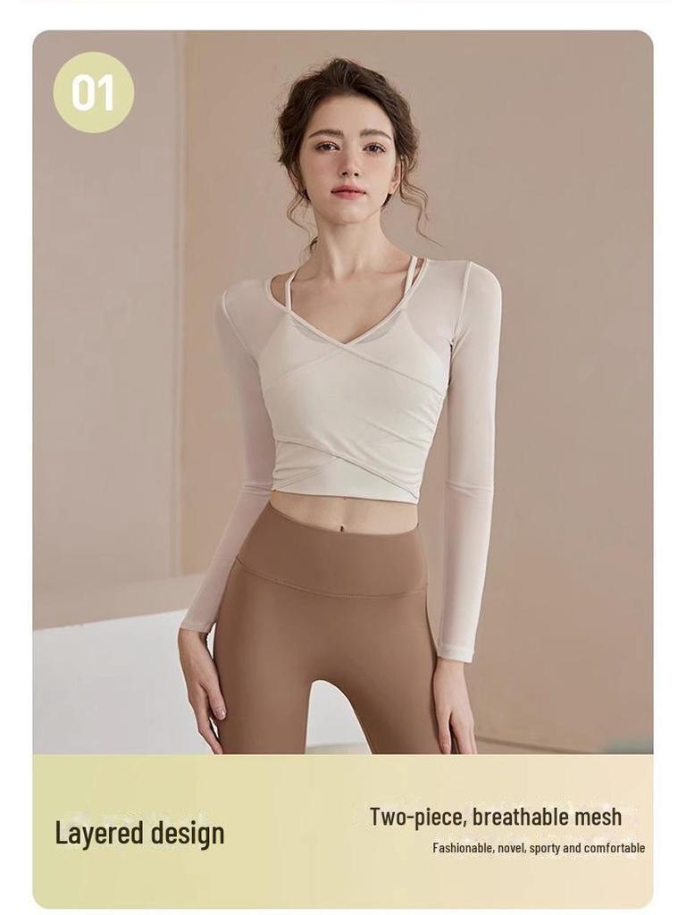 Women's Spring Yoga Suits: Chest-Pad Sports Top, Slimming Blouse, Pilates Fitness, Long Sleeve