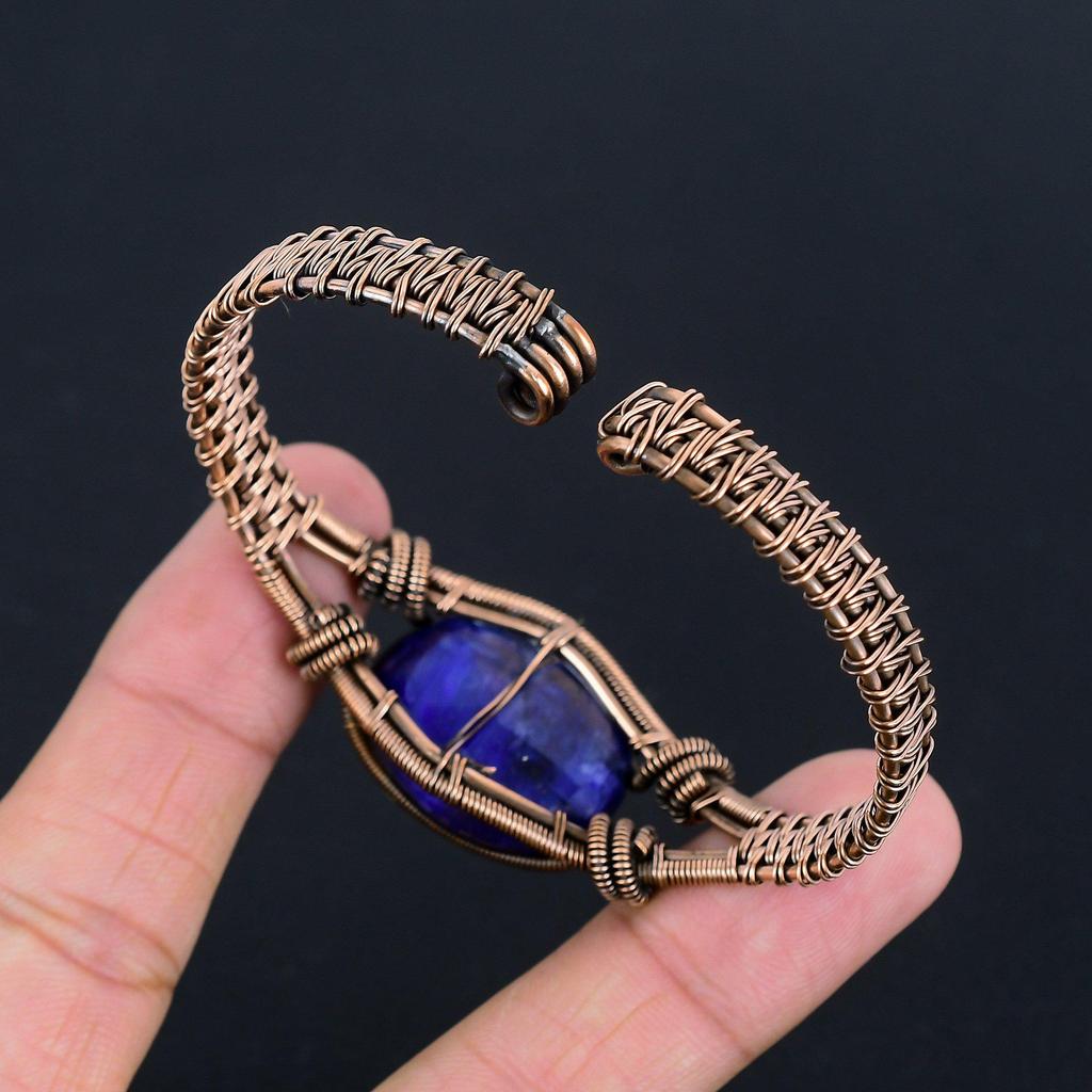 Blue Sapphire Bracelet, Handmade Gemstone Bracelet, 999 Copper Wire Wrapped Antique Jewelry, For Engagement Gift