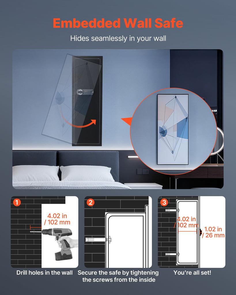 VEVOR Wall Safe, 4-Tier Hidden Wall Mounted Gun Safe with Password & Key, Q235 Cold-Rolled Steel In-Wall Box with LED Lighting