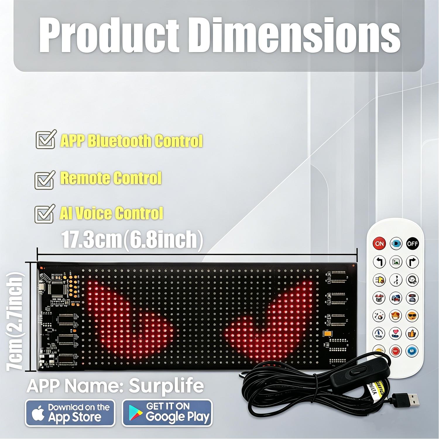 AI Voice Control Car LED Display Lamp App Remote Control Programmable LED Matrix Sign USB Car Window LED Screen Ambient Light 7cmx17.3cm