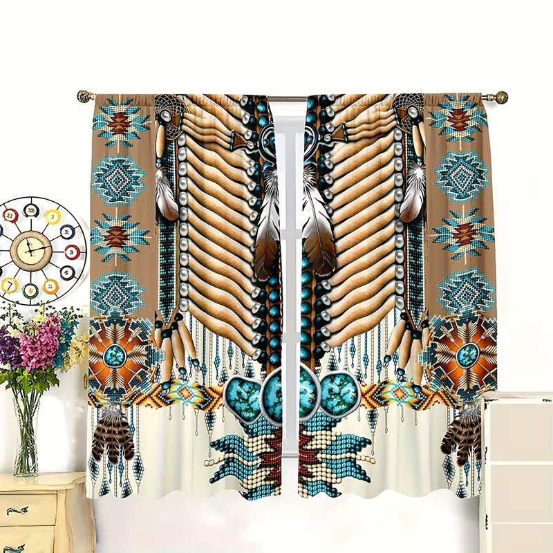 Set Of 2 Indian Feathers Print Curtains Suitable Bedroom Living Room Kitchen Decoration Home Window Made Polyester Sitting Treatment