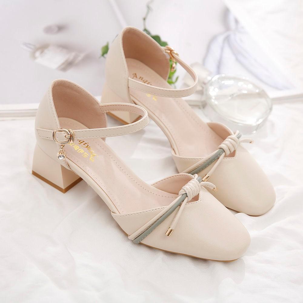 

Fashion Women Quality Beige Pu Leather Office Square Heel Shoes Women Fashion Round Toe Bow Tie High Lady Career Shoes elegant pumps f 40