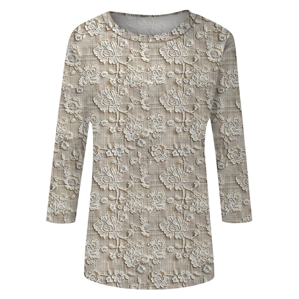Damenmode Lässig Dreiviertelärmel Blumenmuster Rundhals Oberteil