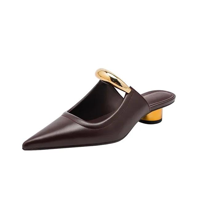 Fashion Pointed Slippers for Women 2025 New Style French Thick Heel Half Bottom Slippers with Metal Toe Caps for Cool Slippers