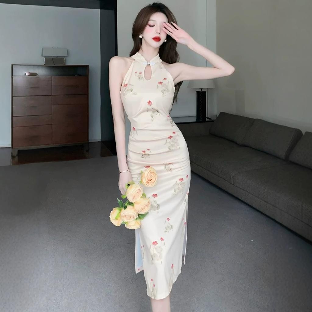 Light Sexy Improved Cheongsam Dress High Waist Slim Fit Waist Print Split Fork Disc Buckle Off-the-shoulder Dress Women's Summer