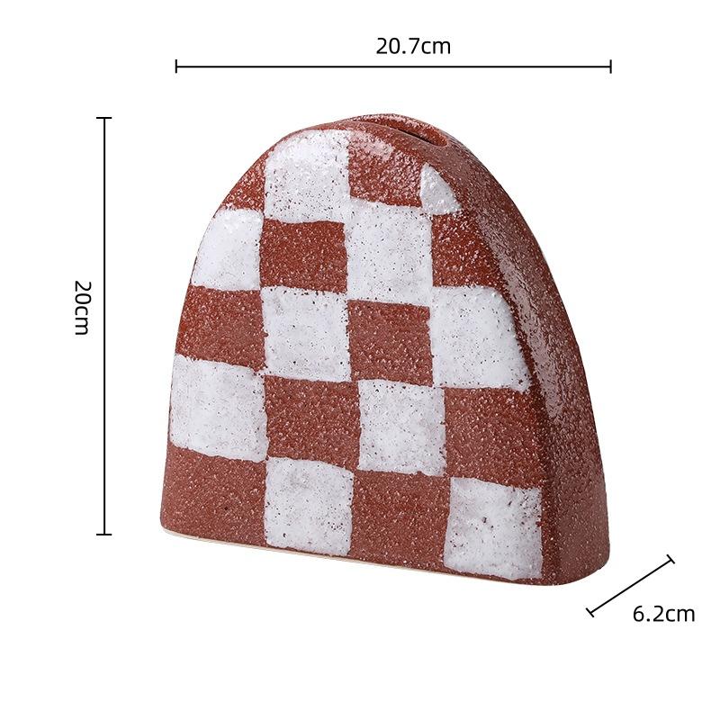 Frosted Ceramic Vase Geometric Check Pattern Flower Vase Flower Arrangement Accessories Coarse Pottery Pot Home Decoration