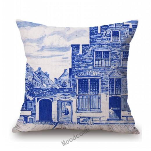 Traditional Deflt Blue Royal Holland Wildmill Toile De Jouy Art Decoration Sofa Throw Pillow Case Cotton Linen Cushion Cover