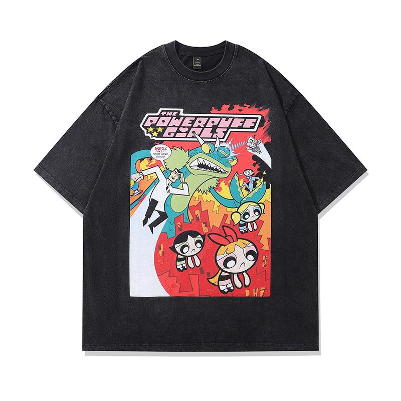 Harajuku Japanese Street Cartoon Print Old Short-Sleeved T-Shirt Men'S Trendy Brand Hip-Hop Loose Washed Five-Quarter Sleeve T-Shirt