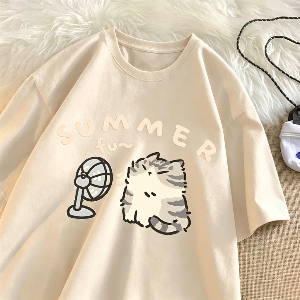 Fan Cat And Unisex Unisex TShirt American Street Creative Blow Summer Relaxed Short Sleeve Couple Wear Ins Top Kawaii Tee Shirt