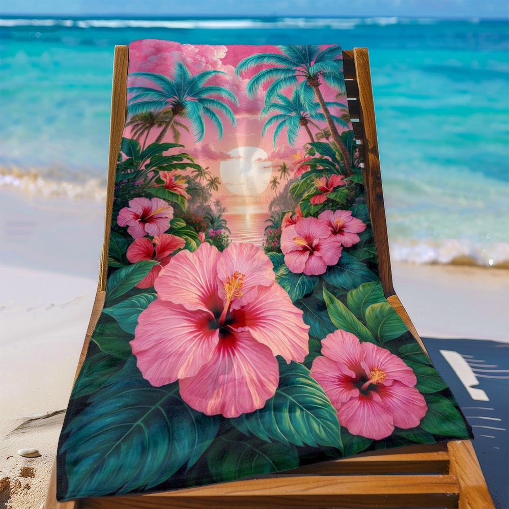 

Tropical Hibiscus Palm Sunset Beach Towel Quick Dry Microfiber Sand Free Washable for Summer Pool Travel W40*H60(CM)