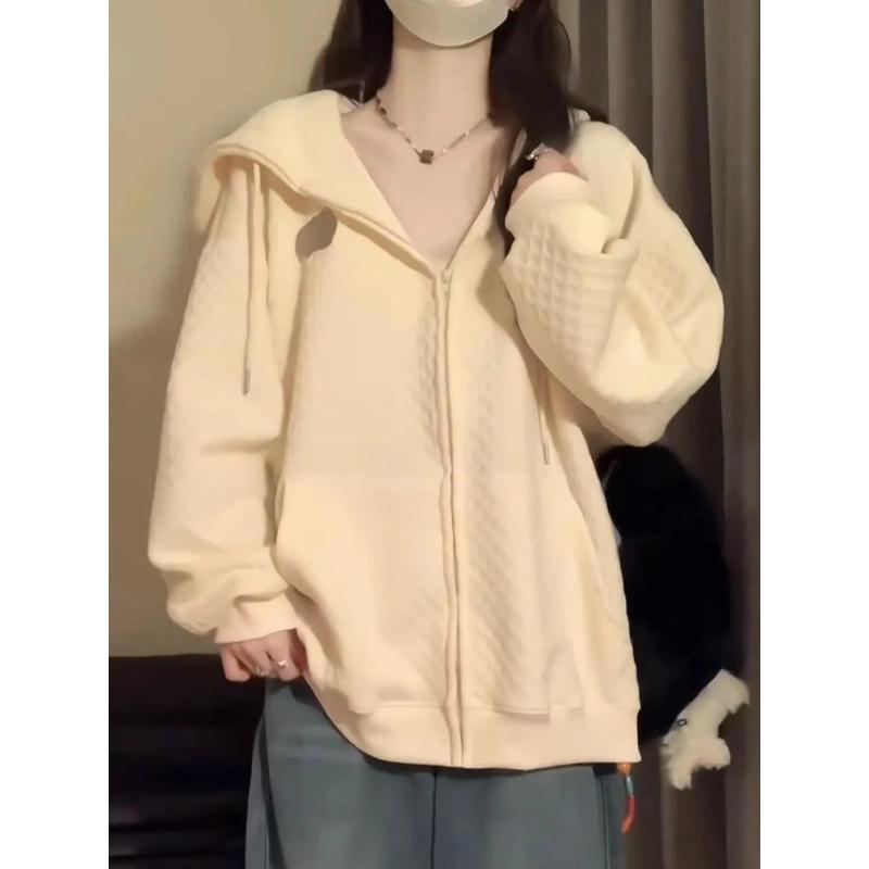 Waffle Solid Color Casual Versatile Hooded Sweatshirt for Women Spring Autumn Thin Loose Chic Zipper Cardigan Jacket