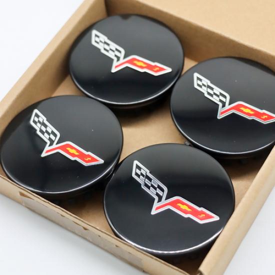 

4PCS Wheel Center Rim Hub Caps Gloss Black Cross Flag 68mm For Corvette C7 C6