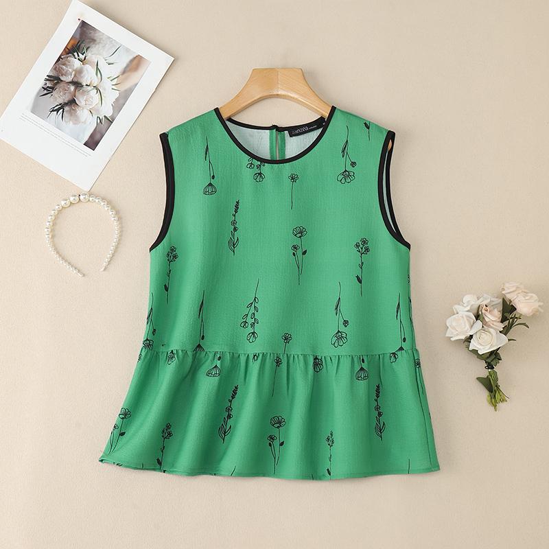 

ZANZEA Женские топы без рукавов с принтом, повседневные, с круглым вырезом, летние S зелёный