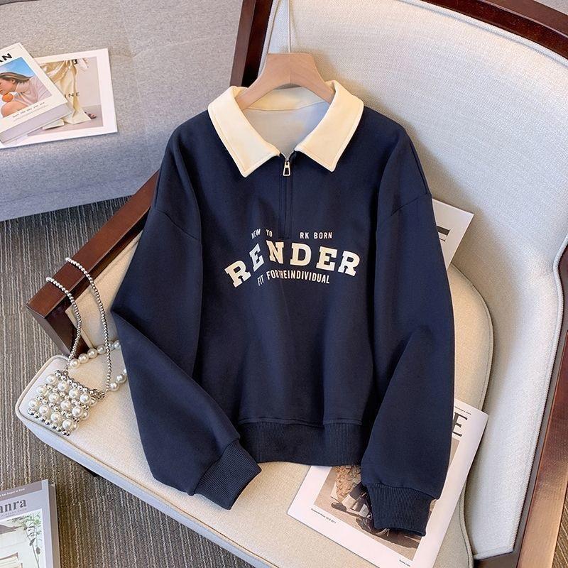 Damen Polokragen Halbreißverschluss Sweatshirt Buchstabendruck Locker Lässig Crop Top