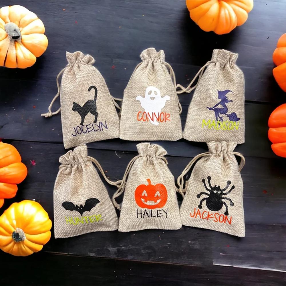 Custom 6Pcs Halloween Treat Bags Halloween Burlap Drawstring Goodie Bags Trick or Treat Sack Halloween Party Decor Kids Favors