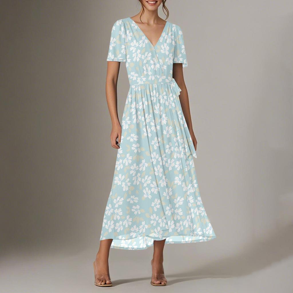 Women's Summer Floral Bohemian Dress Wrap V Neck Short Sleeves Ruffle A-Line Flowy Maxi Dress Summer Dresses For Women