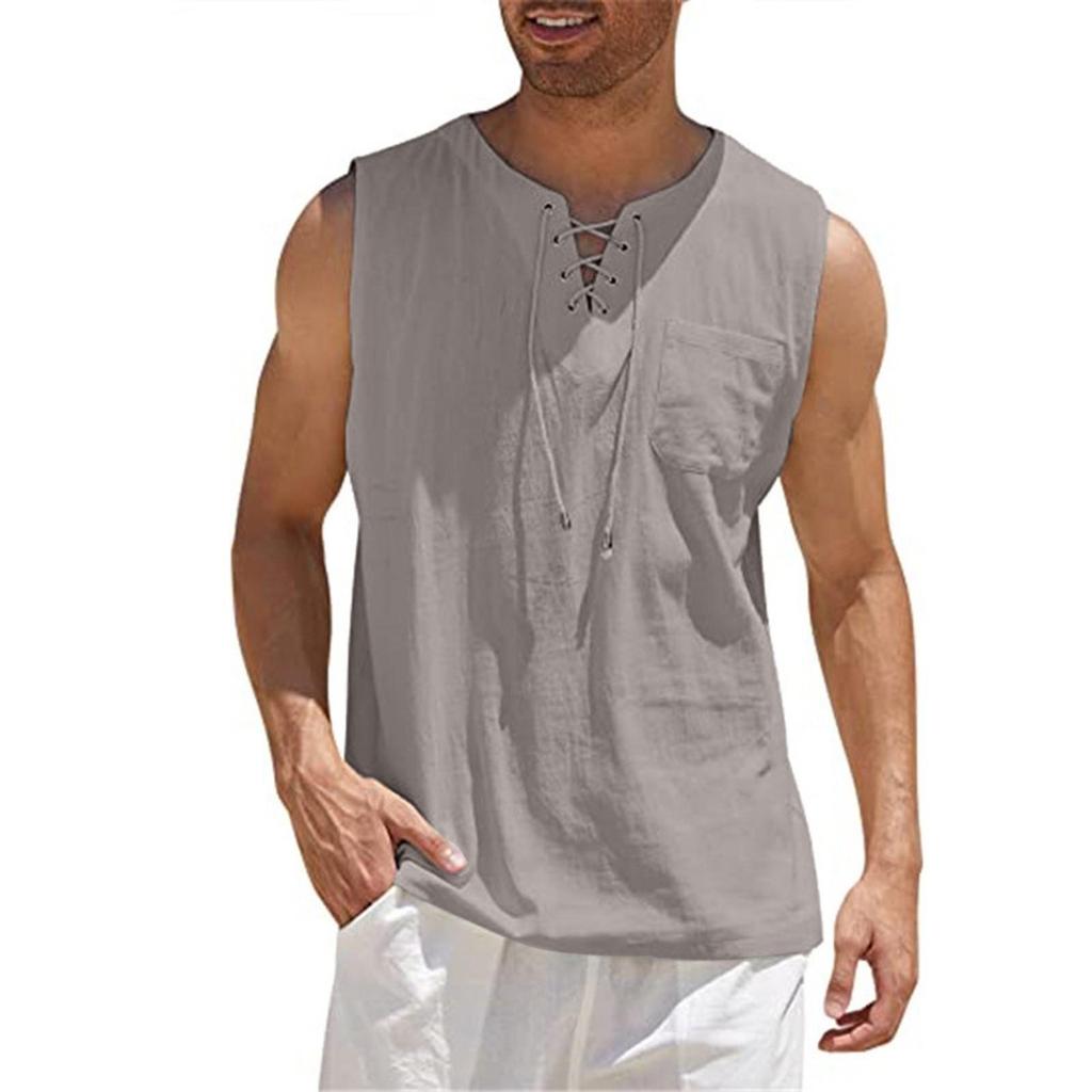Men's Casual Loose Cotton Linen Shirts  Colour Shirt Blouse Sleeveless Vest Beach Shirts Tops