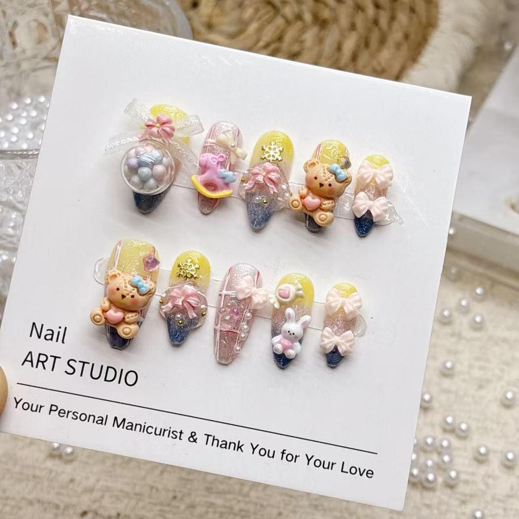 Little Bear Paradise Cartoon Macaron Color Handmade Exquisite Wearable Nail Art
