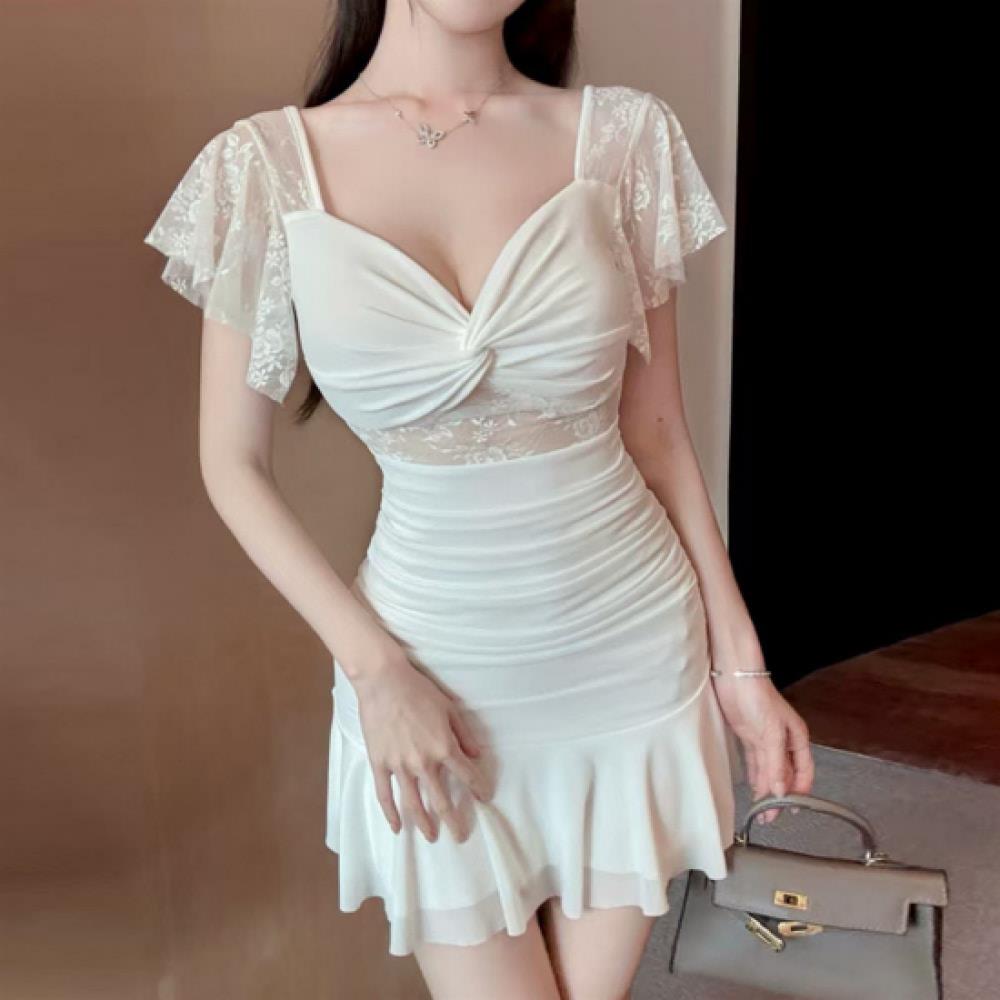 New Arrivals Open Run Women Heart Neck Lace Mini Dress Shirring Mesh Glamfit