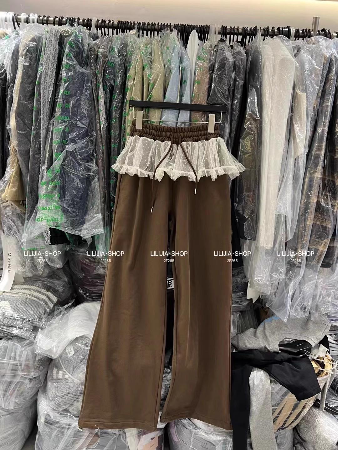 

Корея Дундимэн Женские С завышенной талией Утягивающие Кружевная отделка Эффект двух частей Широкие спортивные брюки M коричневый