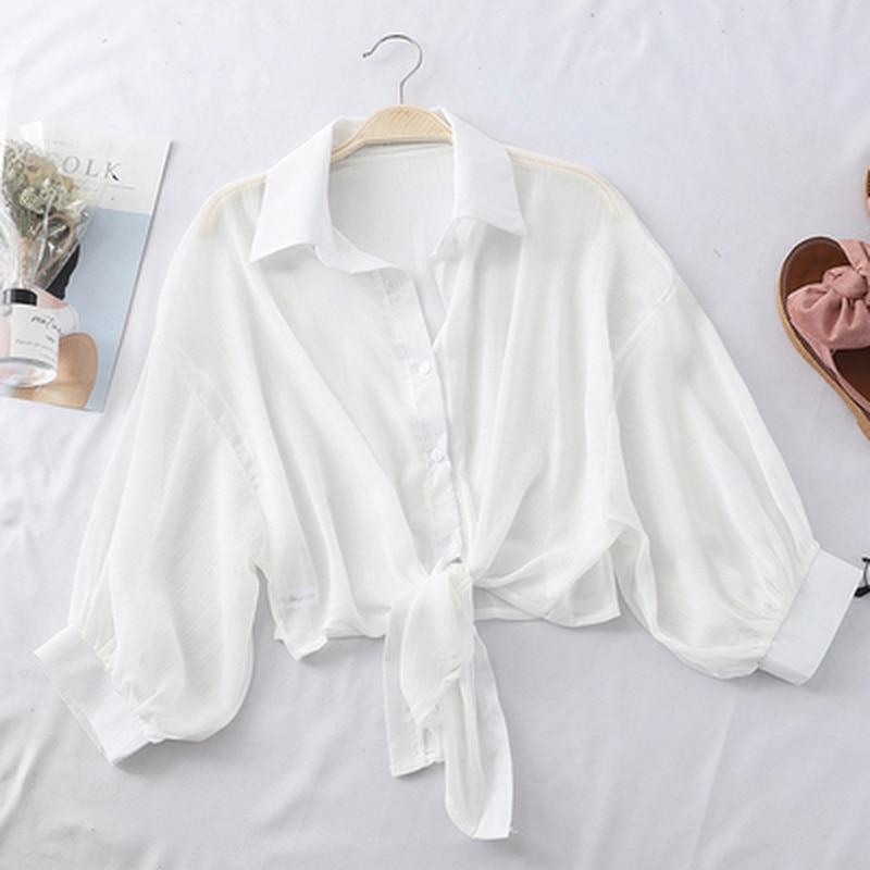 Camicia a Maniche Corte in Chiffon Abbottonata Blusa Casual Ampia da Donna Camicie Semplici Estive Vita Annodata Bluse Eleganti da Donna