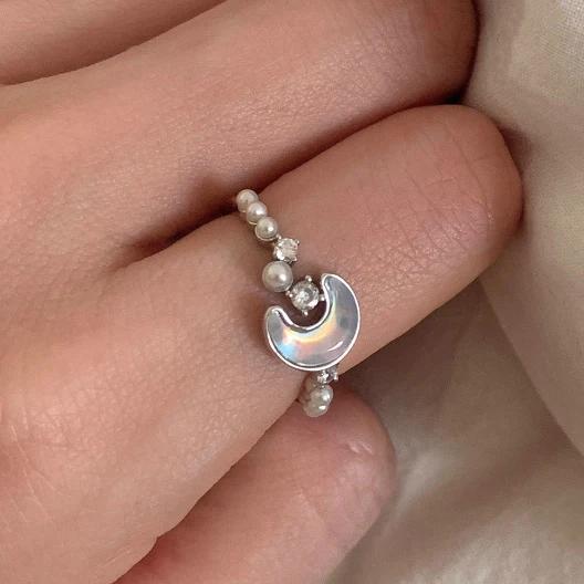 PONYKISS  Sterling Silver Star Moon Pearl Zircon Rings for Women Romantic Fine  Minimalist Opening Accessories