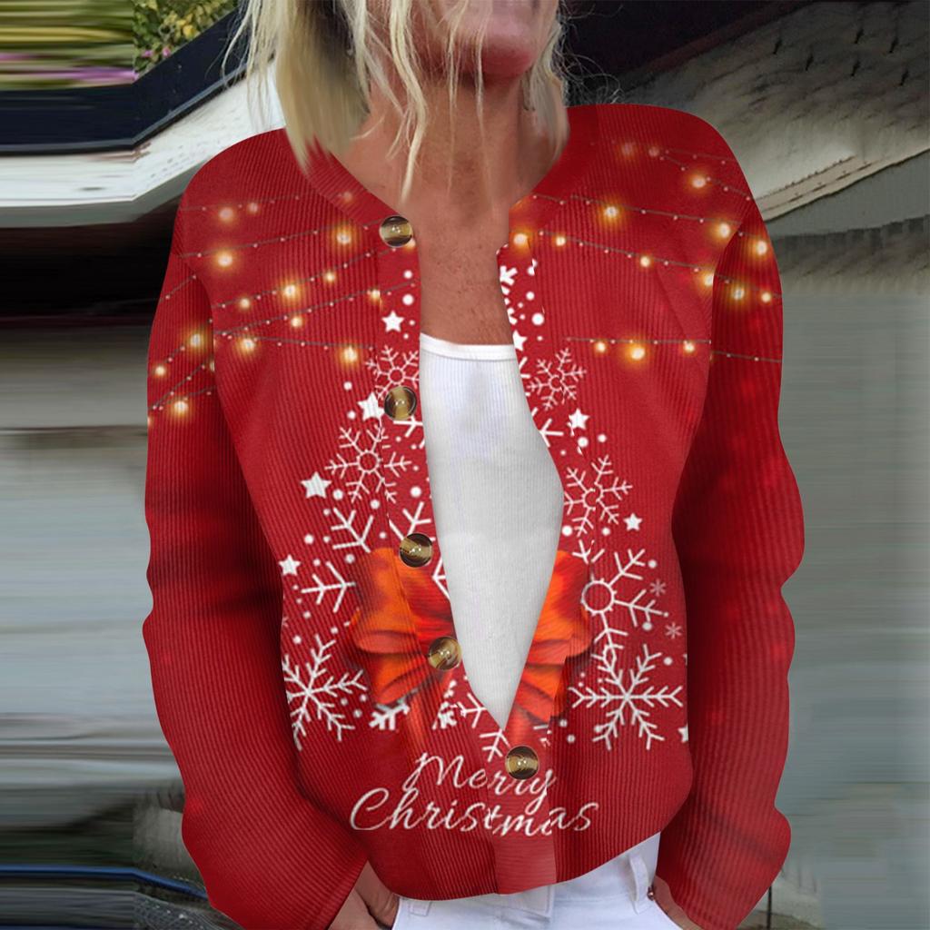 Dammode Långärmad Jul Snowman Snowflake Print Jacka Cardigan