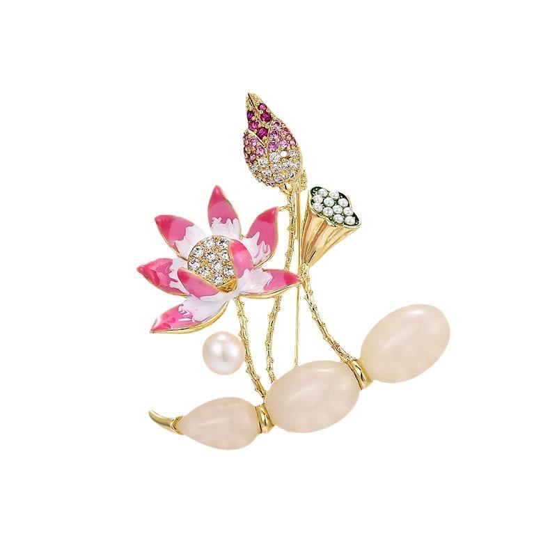 National Style Powder Lotus Lotus Brooch High-End Women'S Exquisite Enamel Lotus Pod Brooch Light Luxury Design Sense Pin Suit Accessories