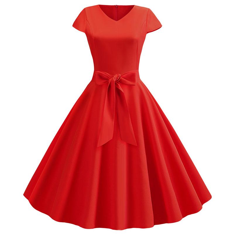 Damen Sommer Vintage Kleid Mit Gürtel Kurze Ärmel V-Ausschnitt Elegant Retro Schwingendes Partykleid