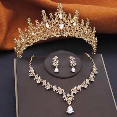 Precioso conjunto de joyería nupcial de corona para mujer Tiara Cumpleaños Vestido de Boda Coronas y Gargantilla Collar Pendientes Conjunto Accesorios