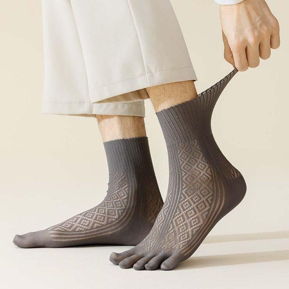 5Pairs Anti-Odor Male Five Toe Socks Check Mid-calf Stockings Five Finger Socks Men  Spring Summer