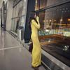 Yellow slim-fitting long-sleeved knitted dress women's autumn tight-fitting temperament long dress casual waist-wrapped hip skirt