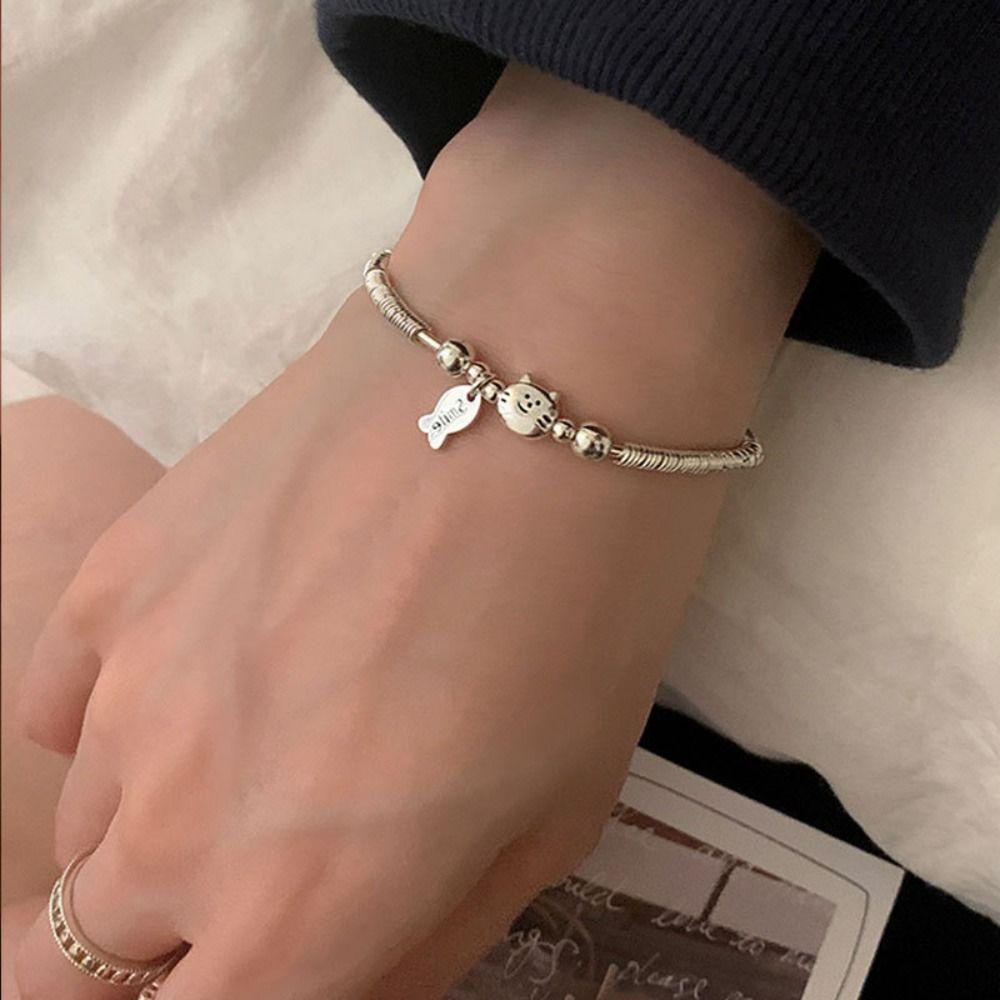 2PCS Cute Cat Fish Bracelet Lovers Friends Metal Beaded Bracelet Cute Dog Bracelets  Friendship