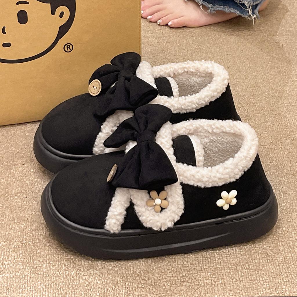 Fashion Winter Outerwear New Bow Bag Heel Women's Shoes with Velvet Warmth Simplicity Comfort Anti Slip Daily Casual Lazy Slippers
