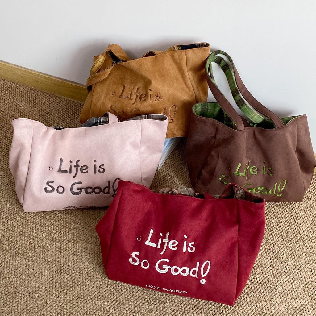 Autumn Plaid Women Double-Sided Woolen Shoulder Bags Large Capacity Ladies Suede Casual Tote Letter College Style Girls Handbags