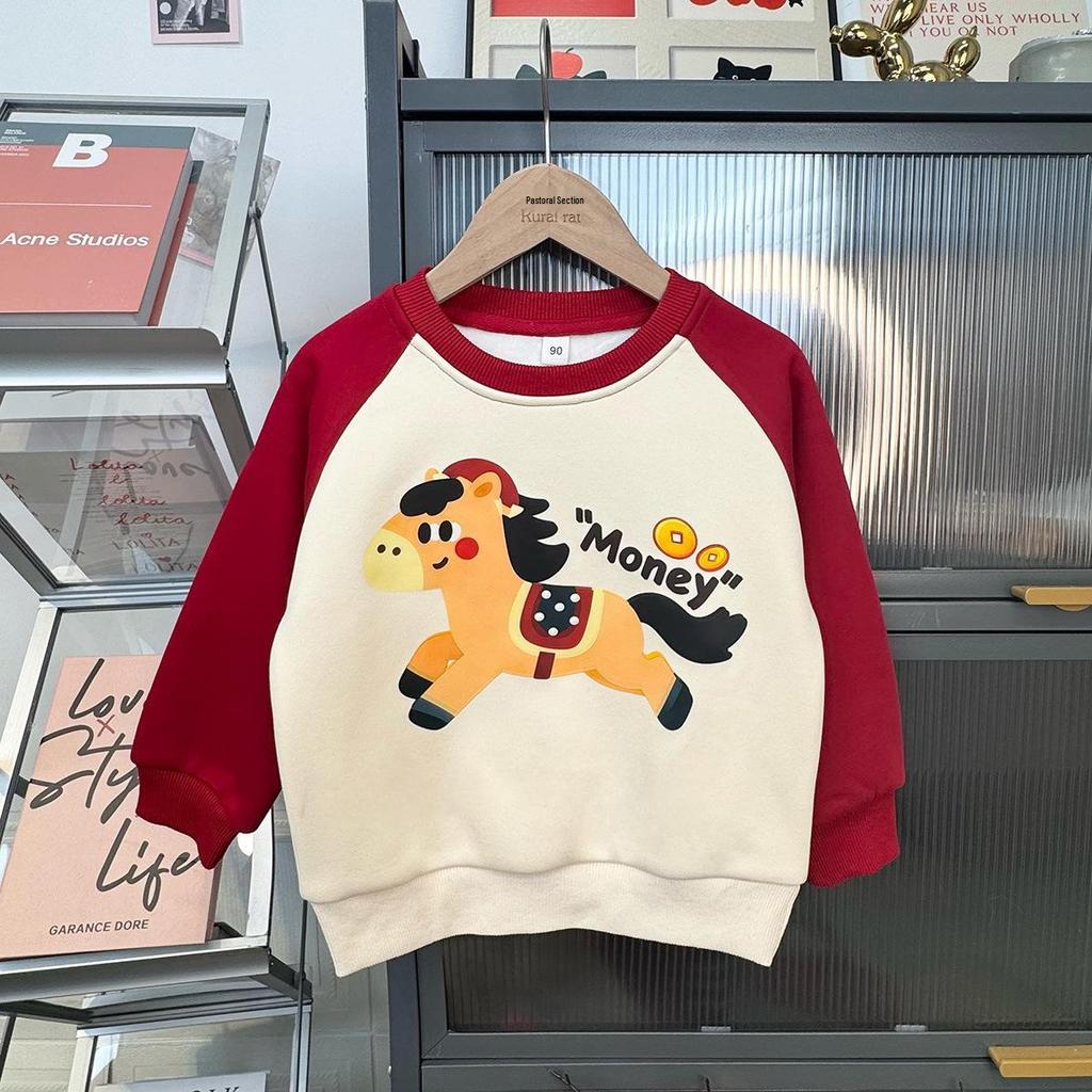 Korean Style Color Block Parent-Child Sweatshirt: Festive Crew Neck for Family of Three or Mother-Daughter Outfits.