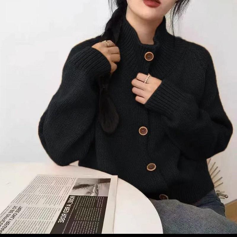 Autumn Winter Stand Collar Solid Color Casual Fashion Knitting Top Women Simple All-match Cardigan Coat Top