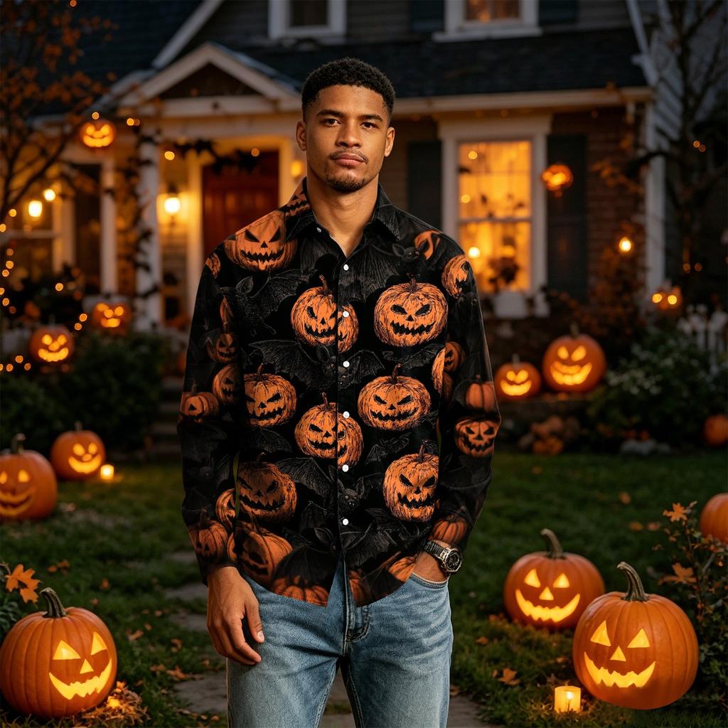 Men's Long Sleeve Button Down Shirt with Halloween Print for Costume Party