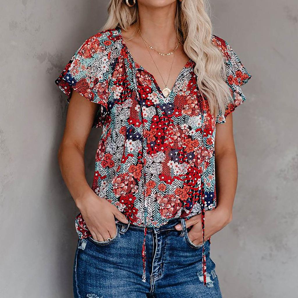 Tops Camisa De Gasa Estampada Para Mujer Cuello En V Cuerda Tops Camisa De Gasa Estampada Para Mujer Cuello En V Cuerda